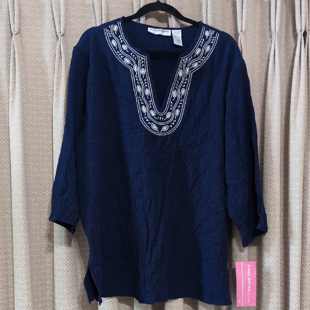 Navy Blue Embroidered V-Neck Women's Top